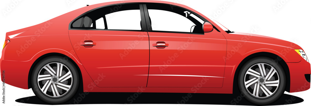 Red car sedan on the road. Vector 3d illustration
