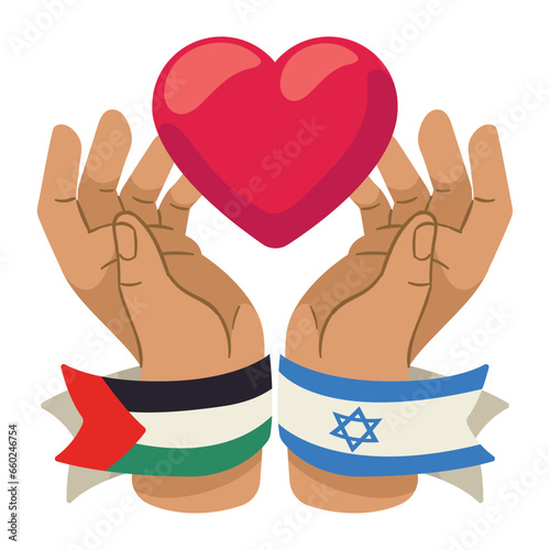 palestinian and israeli hands lifting heart