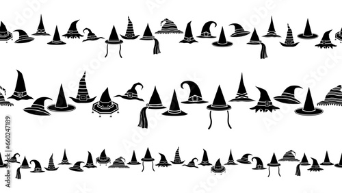 Halloween witch hats fancy silhouette seamless border vector pattern. holiday symbol set isolated element design
