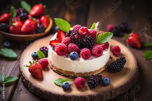Imagine an image featuring a luscious cheesecake adorned with an assortment of berries Alongside, there's a delectable cake, equally embellished with berries, embodying the essence of a dessert that c