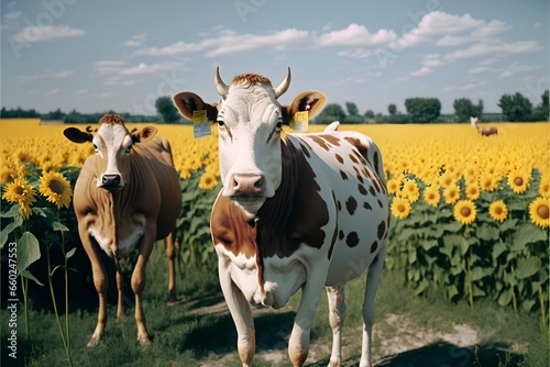 photo of cows realistic animals vogue full body profilesunflowers farm farmhouse bright image photorealistic 8k 3k 1080p minolta SLR camera kodak kodachrome film  photo
