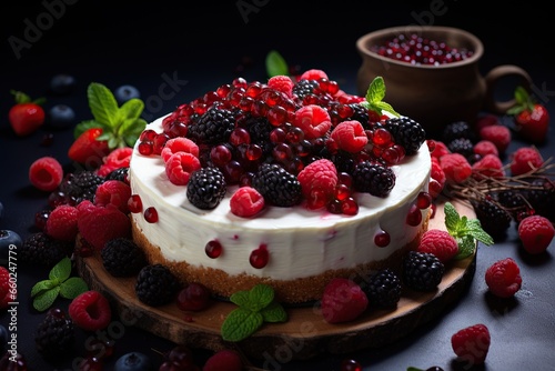 Imagine a gourmet dessert showcasing a luscious cheesecake adorned with an array of fresh berries, including strawberries, raspberries, blackberries, and blueberries, elegantly garnished with mint lea