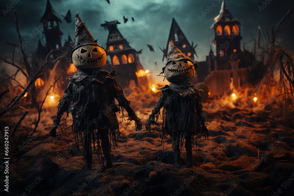 Halloween concept. Cute little children in costumes of skeleton and witch in the field - obrazy, fototapety, plakaty 