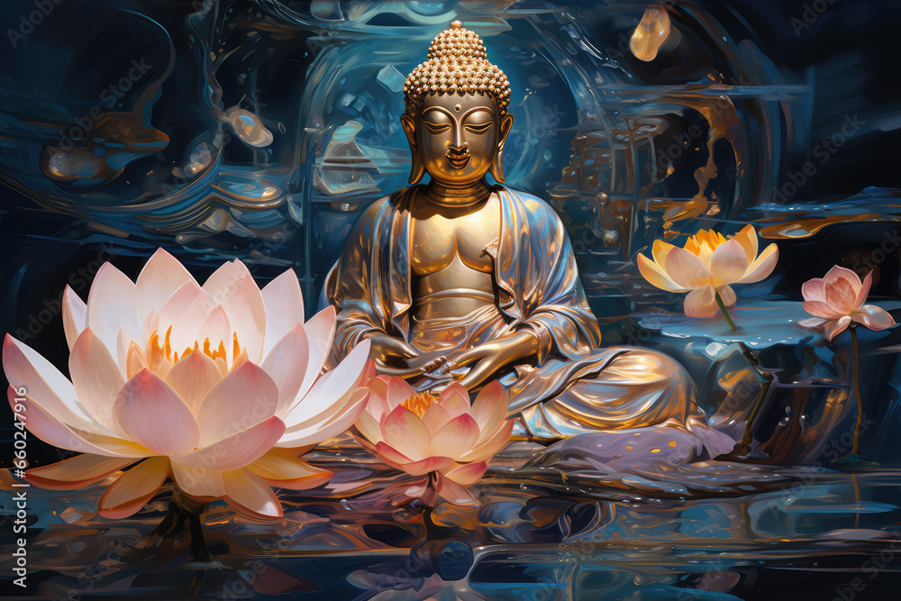  Glowing golden Buddha meditates on a lotus flower