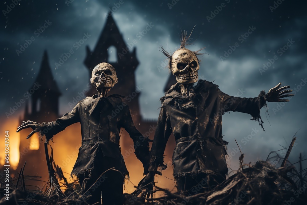 Naklejka premium Halloween concept. Cute little children in costumes of skeleton and witch in the field
