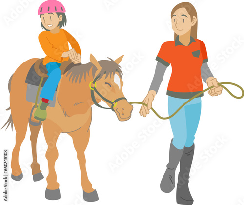 体験乗馬を楽しむ子供と指導員