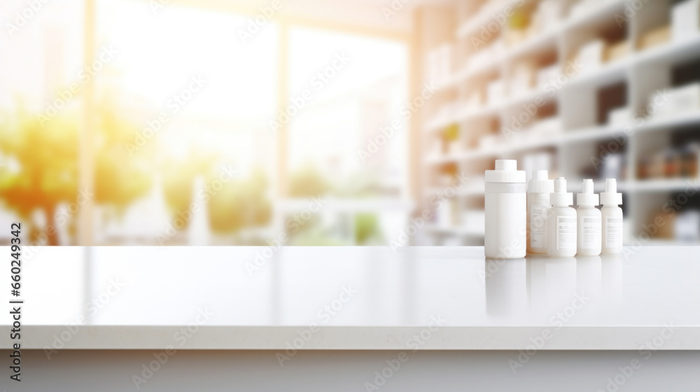 An empty white table on a blurry pharmacy background - obrazy, fototapety, plakaty 