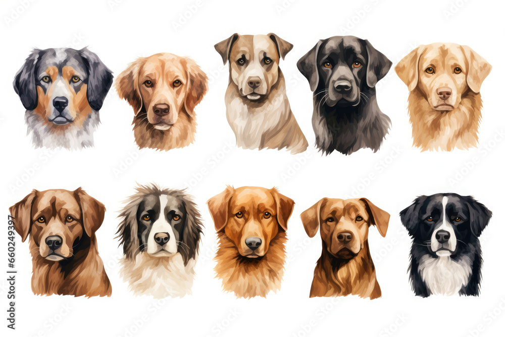 set dogs of different breeds in watercolor style