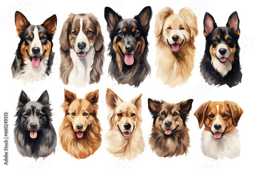 set dogs of different breeds in watercolor style