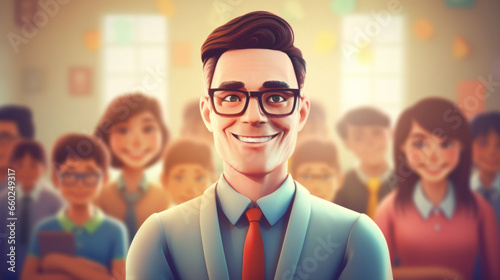 Portrait of the teacher against the background of students sitting in the classroom