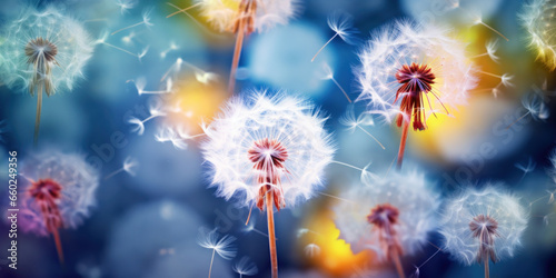 Colorful background of dandelions in close-up