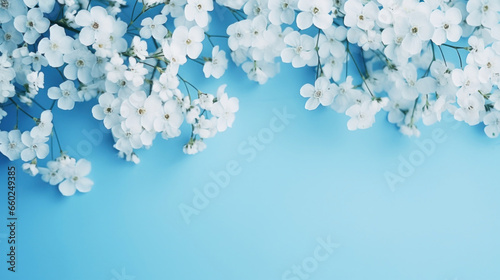 White flowers on blue background  top view