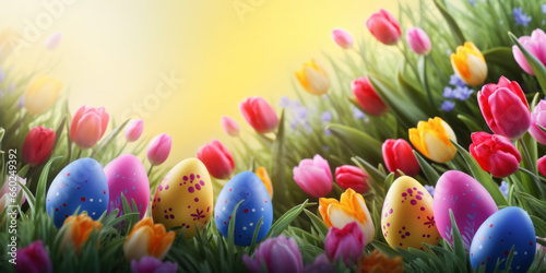 Happy Easter background with tulips and decorative eggs