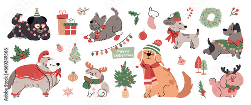 Merry christmas and happy new year concept background vector. Collection drawing of cute dogs with decorative scarf, ribbon, hat. Design suitable for banner, invitation, card, greeting, banner, cover. © TWINS DESIGN STUDIO