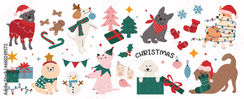 Merry christmas and happy new year concept background vector. Collection drawing of cute dogs with decorative scarf, ribbon, hat. Design suitable for banner, invitation, card, greeting, banner, cover.