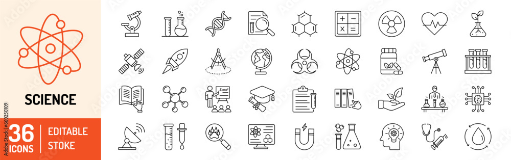 Science editable stroke outline icons set. Laboratory, research, scientist, physics, chemistry, biology, experiment and telescope. Vector Illustration.