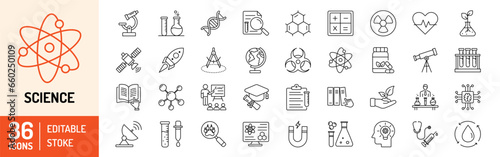 Science editable stroke outline icons set. Laboratory, research, scientist, physics, chemistry, biology, experiment and telescope. Vector Illustration.
