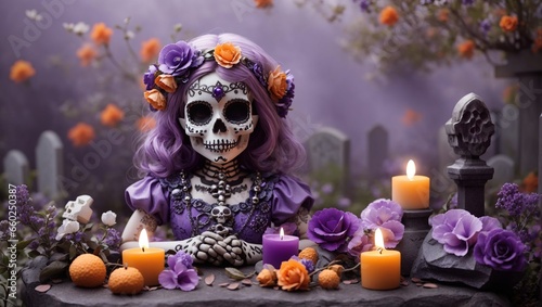 Halloween, garotinha caveira, com flores lilás e laranja na cabeça. velas , abóboras,  photo