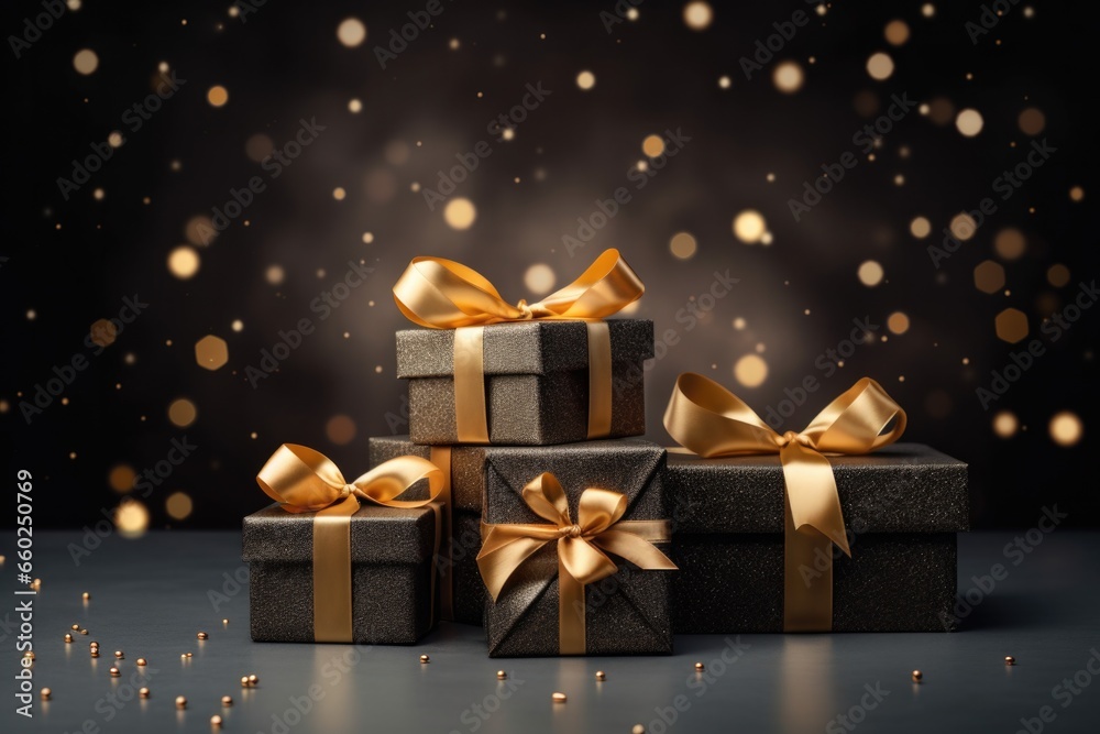 Black Friday Super Sale. golden gift boxes on the black background Black Friday Super Sale. golden gift boxes on the black background