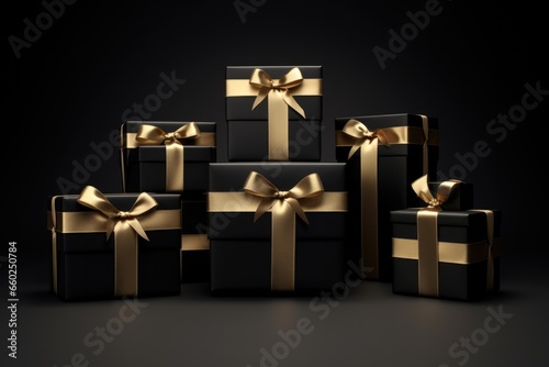 Black Friday Super Sale. golden gift boxes on the black background © EnelEva