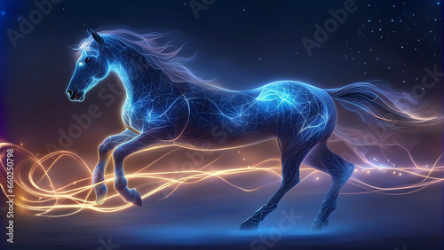 Horse running  glowing in blue light.