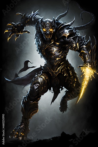 transmogrified bipedal humanoid panther warrior wearing black and gold leather armour no helmet charging into battle carrying a sword action pose extreme detail in face glowig yellow eyes fires 