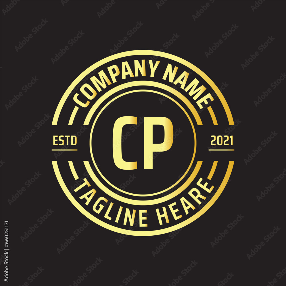 Professional simple Letter CP Circle Luxury Gold Color Vector Logo Template