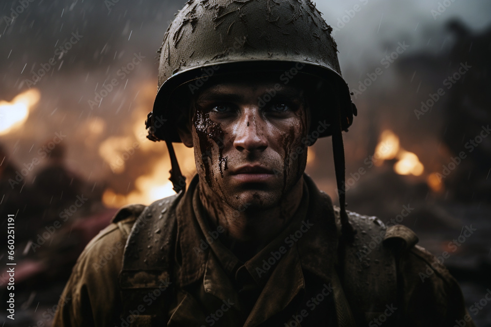  Portrait of a Young World War Two Soldier With Blood on Face, WWII Soldier 