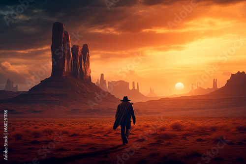 Silhouette of  Western Cowboy Walking Towards Sunset in Arizona Desert photo