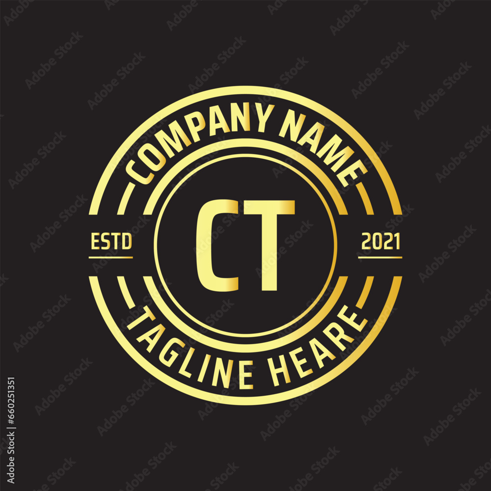 Professional simple Letter CT Circle Luxury Gold Color Vector Logo Template