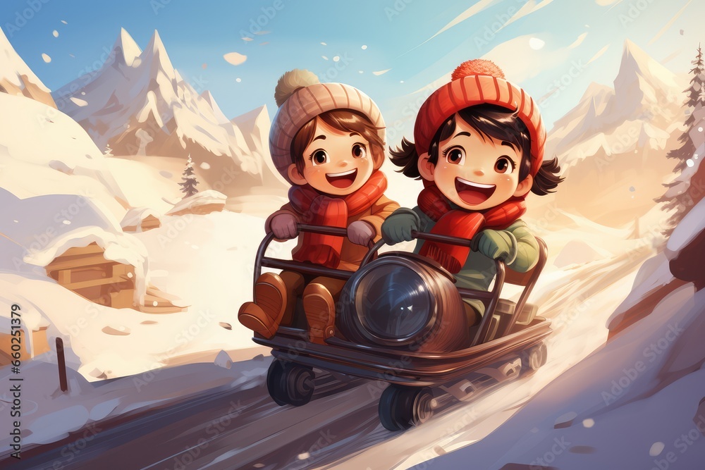 Naklejka premium Children have fun sledding down the mountain against a background of snowflakes. cute illustration on in cartoon style.