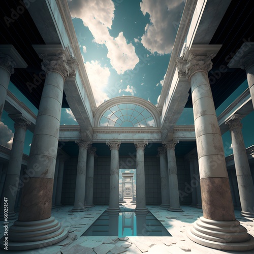 greek marble pilars in a courtyard suporting a glass roof with clouds  photo