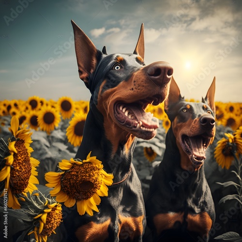two Doberman dogs playing in a field of sunflowers 16k photorealistic dynamic composition cinematic color grading studio lighting hyper realistic 24k medium format camera 50mm prime lens 85mm prime  photo