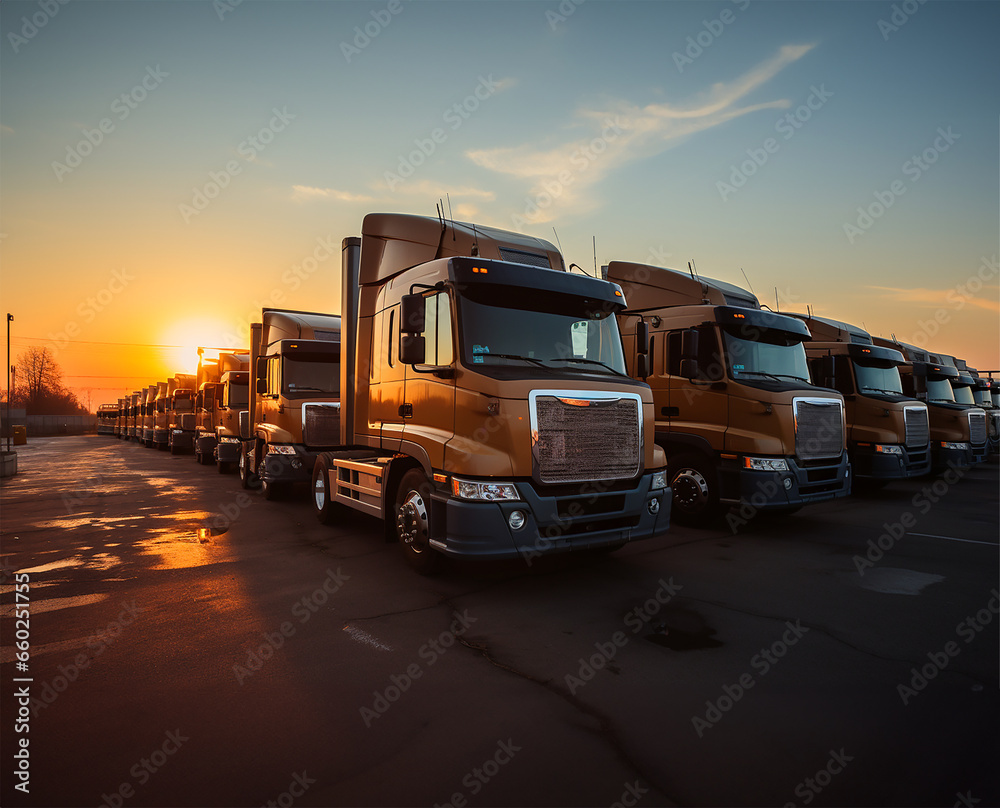 parked trucks, silhouetted against the backdrop of a radiant sunrise