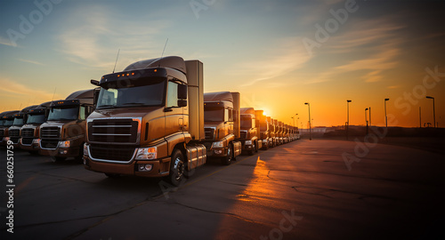 parked trucks  silhouetted against the backdrop of a radiant sunrise