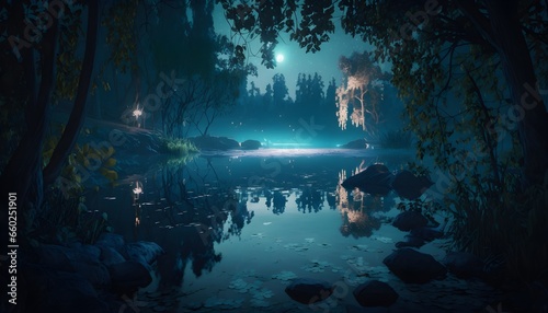 cozy enchanted glowing lake in the night forest wide angle amazing view magical unreal engine 5 