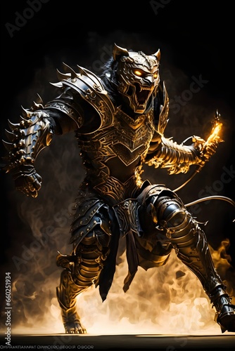 transmogrified bipedal humanoid panther warrior wearing black and gold leather armour no helmet charging into battle carrying a sword action pose fires behind him night time battlefield in 