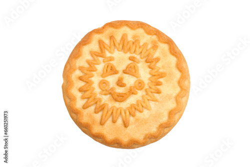 Round biscuits with the image of the sun on a white background. One sweet cookie isolated on a white background.