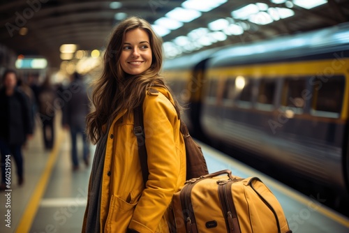 Theme of transport and travel. young caucasian woman standing on the station platform near the train, the back of the train in the background with a backpack