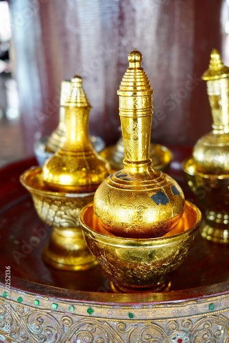 Bottles to pour water of dedication, to make a libation ceremony Buddhism original in Thai.