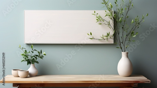 decorative white blank panel hanging on the wall, painting, canvas, mockup, space for text or image, flowers in a vase, home decor, modern interior, potted plants, stylish apartment design