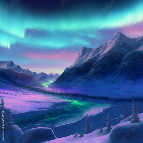 northern lights over a frozen late in winter photorealistic extreme colors hd 4k ultra detailed valley 