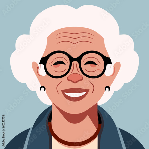 Elderly woman smiling cartoon version.