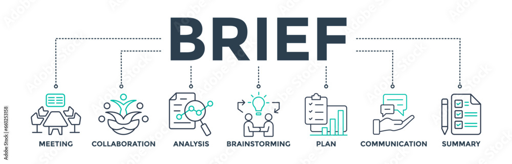 Brief banner web icon vector illustration concept for a briefing of business plan with an icon of meeting, collaboration, analysis, brainstorming, plan, communication, and summary Brief banner web icon vector illustration concept for a briefing of business plan with an icon of meeting, collaboration, analysis, brainstorming, plan, communication, and summary