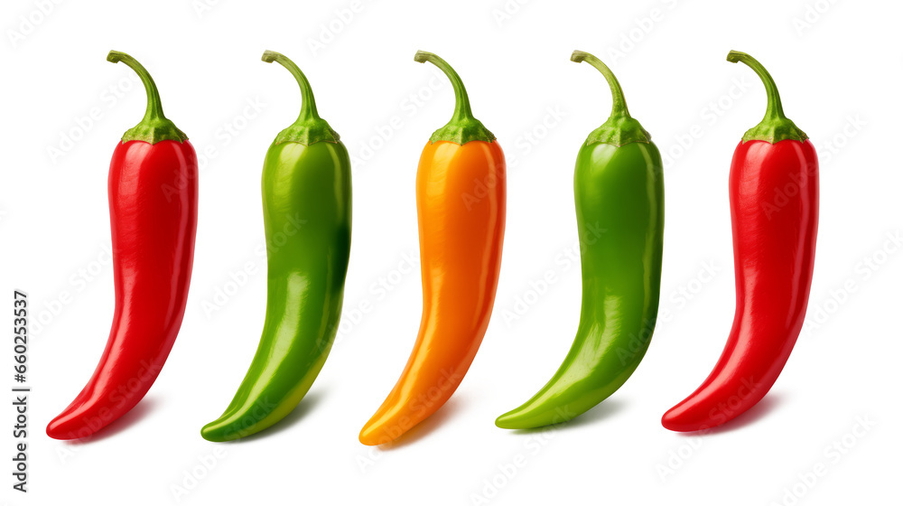 Set of six Fresh multicolor chili peppers on a transparent white background Set of six Fresh multicolor chili peppers on a transparent white background