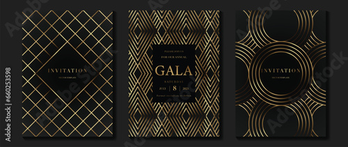 Luxury invitation card background vector. Golden elegant geometric pattern, gradient gold line on dark background. Premium design illustration for wedding and vip cover template, grand opening, gala.