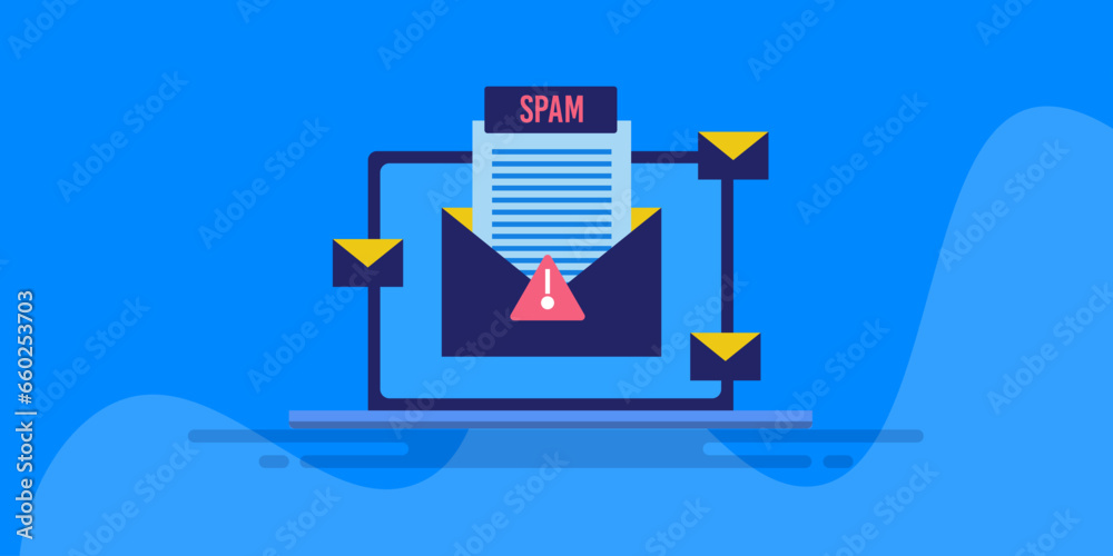 Cyber security concept, spam email alert warning indication on laptop screen with multiple mail, online business scam, hacking vector illustration web banner. Cyber security concept, spam email alert warning indication on laptop screen with multiple mail, online business scam, hacking vector illustration web banner.