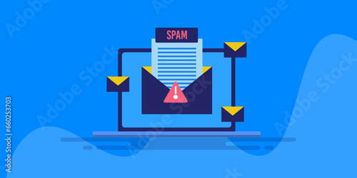 Cyber security concept, spam email alert warning indication on laptop screen with multiple mail, online business scam, hacking vector illustration web banner.