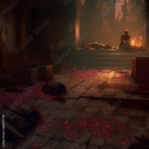 environment dark scene dark scene of Capuchin monks in the catacombs of Palermo a single realistic red rose lays on the center of the floor dusty air cobblestone floor faint golden light coming 