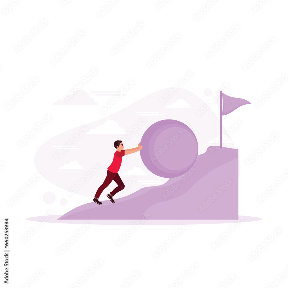 Business people work hard, pushing a load to the finish. Employee growth and motivation concept. In Progress concept. trend modern vector flat illustration 